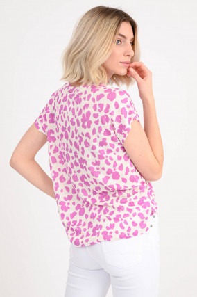 Leinen Shirt mit Print in Weiß/Rosa