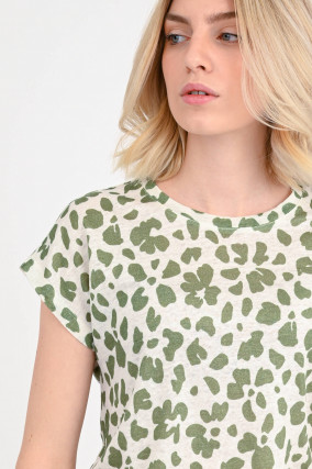 Leinen Shirt mit Print in Weiß/Grün