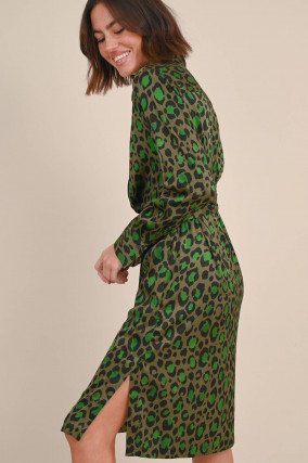 Viskose Kleid mit Leo-Print in Olivgrün