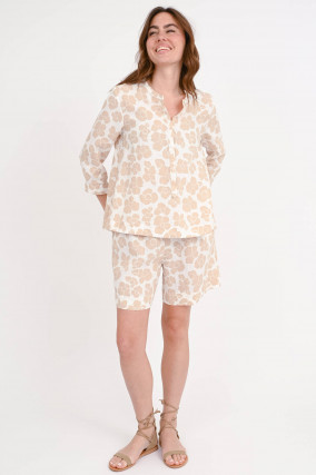Leinenbluse mit Blumenmuster in Beige/Weiß