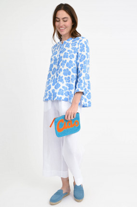  Leinenbluse mit Blumenmuster in Blau/Weiß