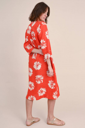 Leinenkleid mit Allover-Print in Orange/Weiß