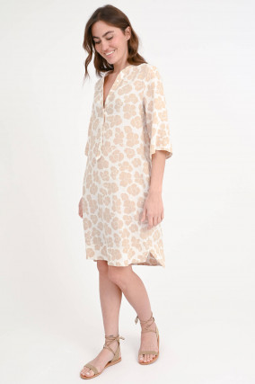 Leinenkleid mit Blumenmuster in Beige/Weiß