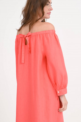  Off-Shoulder Leinenkleid in Coral