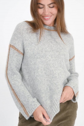 Strickpullover mit dekorativer Kante in Grau/Beige