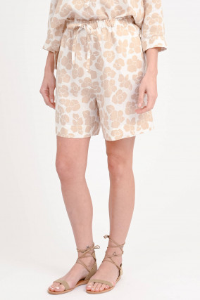 Leinenshorts mit Blumenmuster in Beige/Weiß
