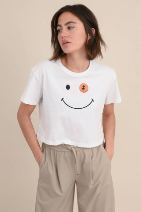 Cropped Shirt mit Smiley-Print in Weiß
