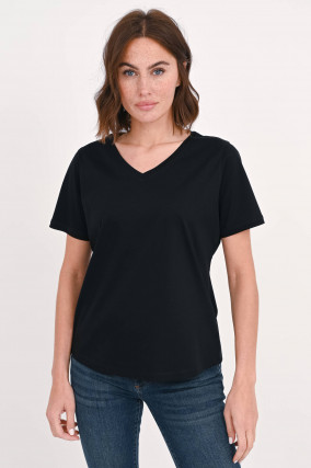 Baumwoll-Shirt mit V-Ausschnitt in Schwarz