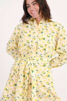Hemdblusenkleid mit Zitronen-Print in Pastell-Gelb