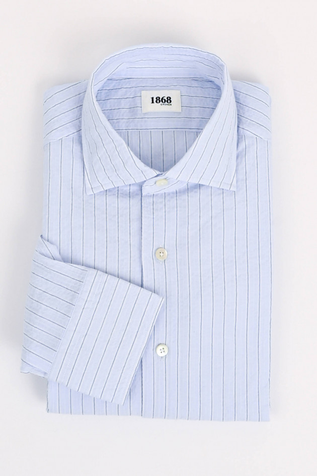 1868 Gestreiftes Seesuckerhemd in Hellblau/Weiß/Navy