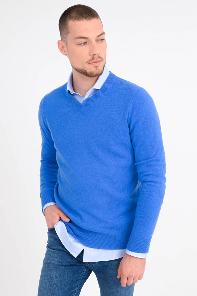 1868 Cashmere Pullover mit V-Neck in Mittelblau