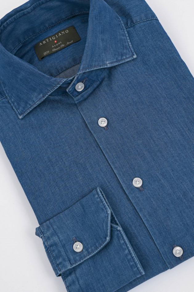 Artigiano Hemd aus Denim-Jersey in Mittelblau