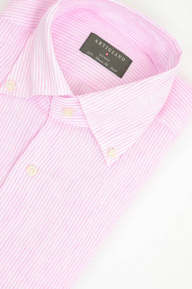 Artigiano Gestreiftes Hemd aus Leinen in Rosa/Weiß