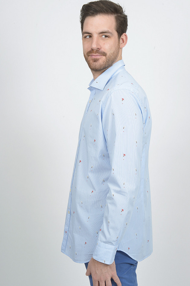 Caliban Hemd mit Palmenprint in Blau/Weiß gestreift