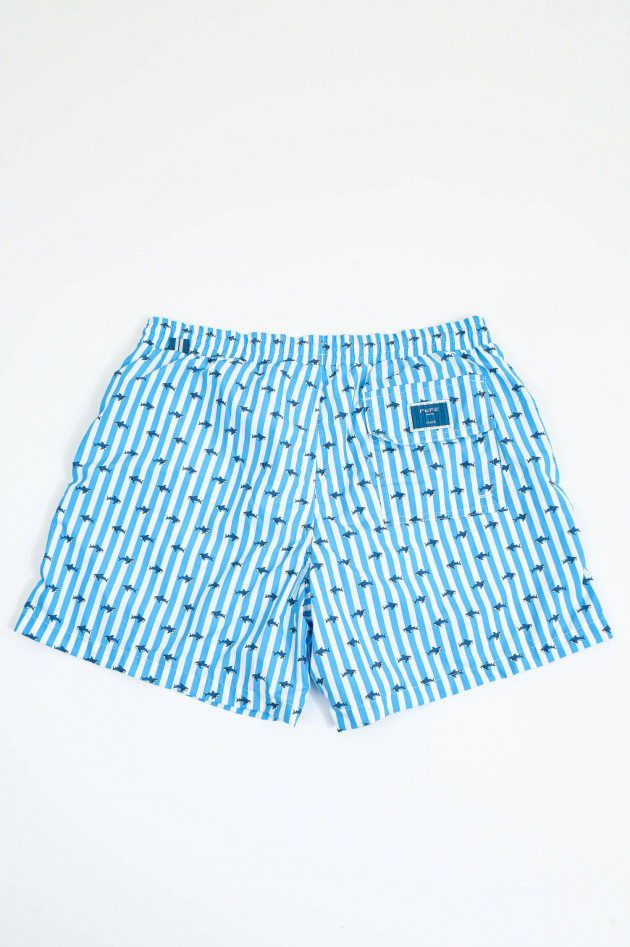 FeFe Gestreifte Badehose mit Hai-Print in Blau/Weiß