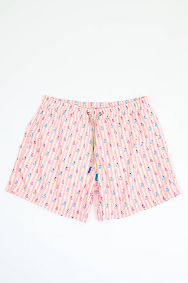 FeFe Gestreifte Badehose mit Flamingo-Print in Rosa