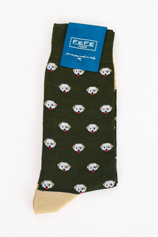 FeFe Socken mit Hunde-Muster in Oliv/Beige