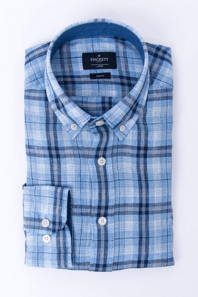 Hackett London Leinenhemd im Karo-Design in Blau