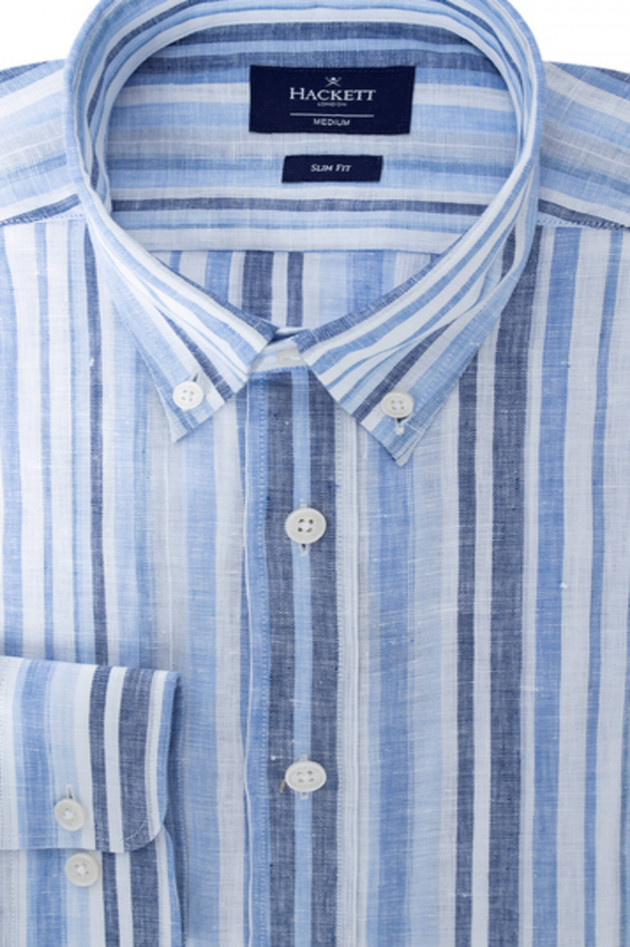 Hackett London Leinen Hemd mit Multi-Streifen-Print in Blau/Weiß