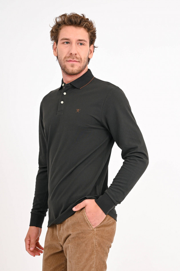 Hackett London Langarm Poloshirt mit Stitching in Oliv