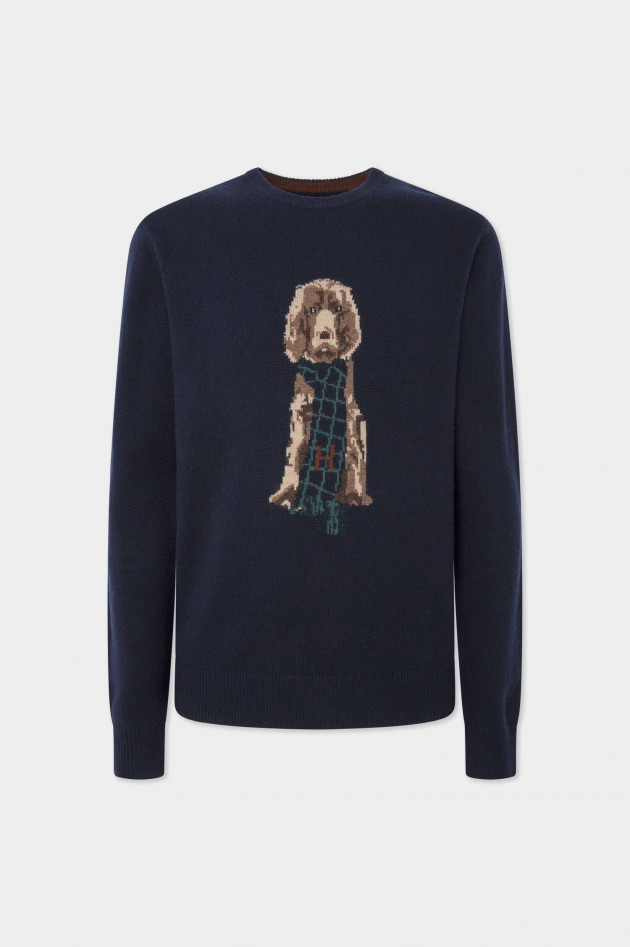 Hackett London Rundhals-Pullover mit Dackelstrick in Navy