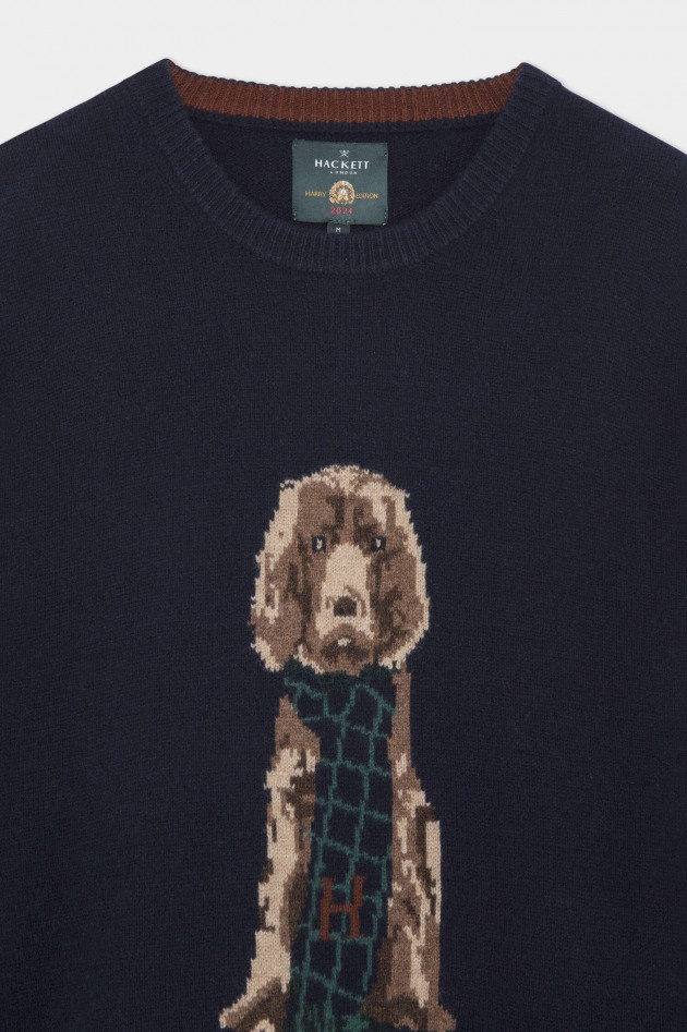 Hackett London Rundhals-Pullover mit Dackelstrick in Navy