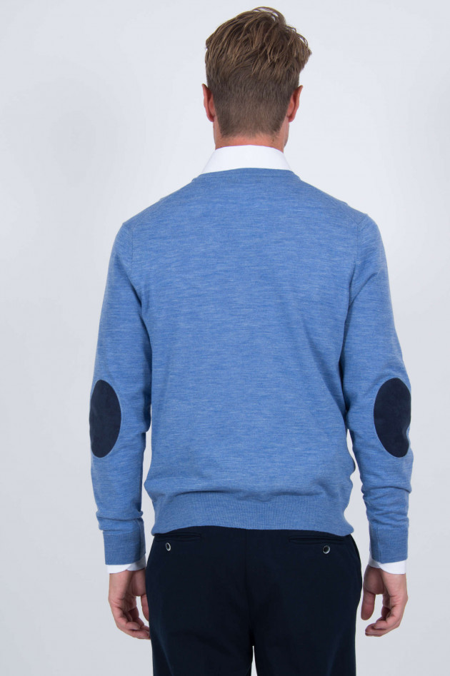 Hackett London V-Pullover mit Lederpatches in Blau
