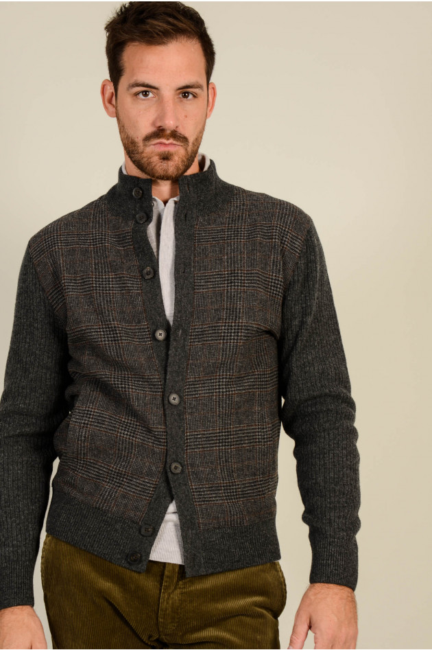 Hackett London Strickjacke aus Wolle in Oliv/Grau gemustert 