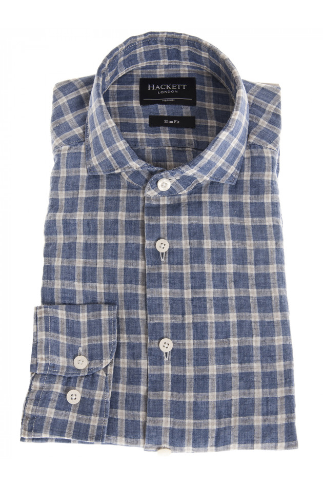Hackett London Leinenhemd kariert in Blau/Beige