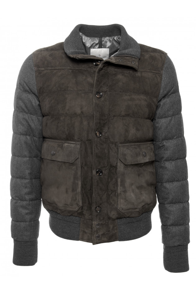 Moncler Wolljacke mit Lederbesatz Grau/Braun
