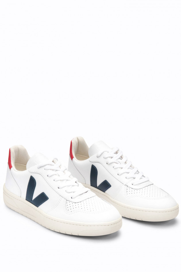 Veja Glattleder-Sneaker V10 in Weiß/Navy/Rot