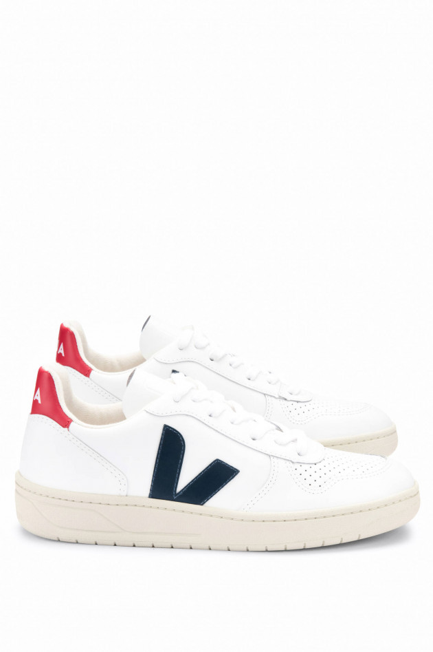 Veja Glattleder-Sneaker V10 in Weiß/Navy/Rot