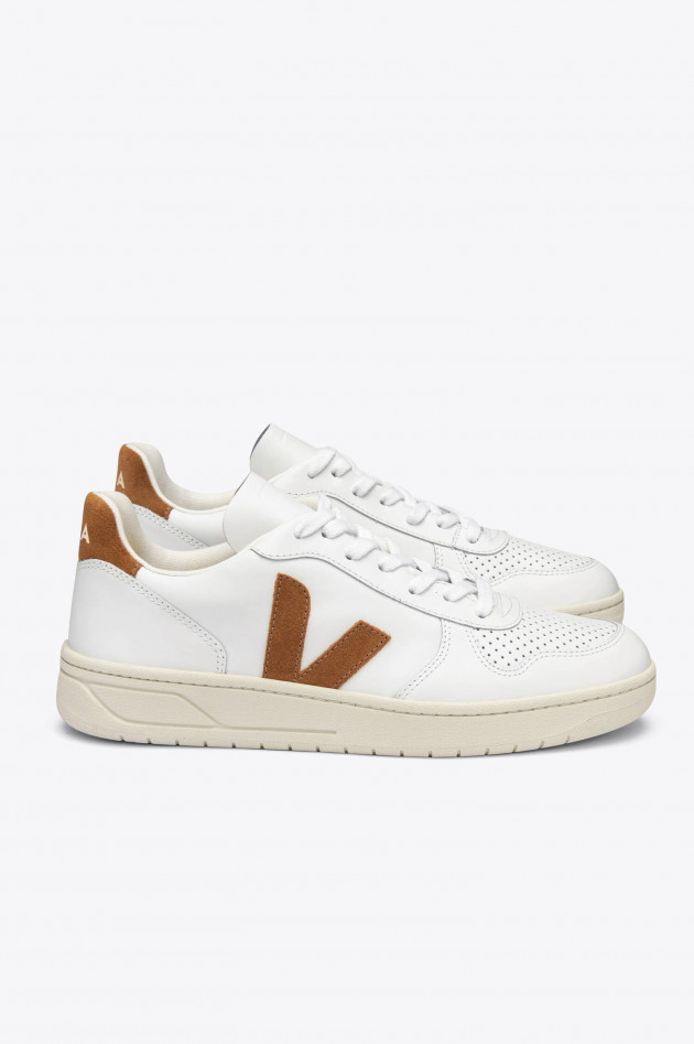 Veja Glattleder-Sneaker V-10 in Weiß/Camel