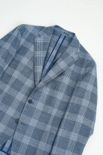 Karriertes Sakko aus Woll-Leinen-Mix in Denim Blue