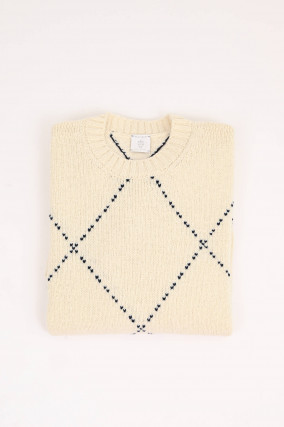 Wollpullover in Creme/Navy gemustert