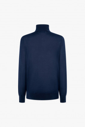 Rollkragenpullover aus Woll-Seide-Mix in Navy