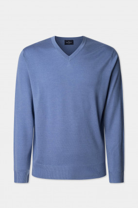 Woll-Seiden-Mix Pullover mit V-Neck in Sea Blue