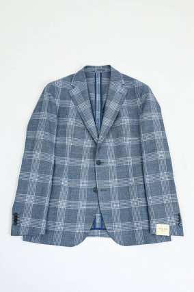 Karriertes Sakko aus Woll-Leinen-Mix in Denim Blue