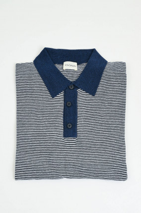 Gestreiftes Poloshirt aus Leinen-Mix in Blau/Weiß