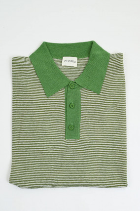 Gestreiftes Poloshirt aus Leinen-Mix in Grün/Creme