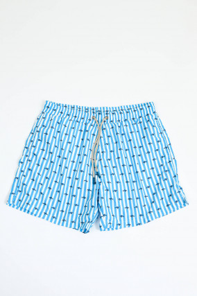 Gestreifte Badehose mit Hai-Print in Blau/Weiß
