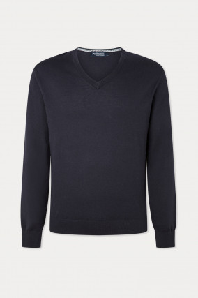 Baumwoll-Cashmere Pullover mit Patches in Navy