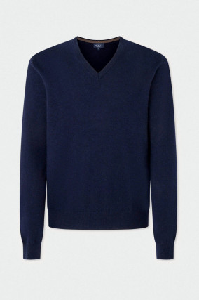V-Neck Strickpullover aus Woll-Mix in Midnight