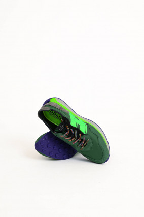 Leder-Sneaker in Oliv/Neongrün/Grau/Violett