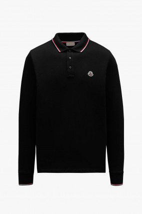 Langarm Poloshirt mit Kontrast-Streifen in Schwarz