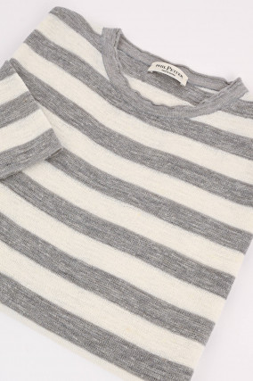 Gestreiftes T-Shirt aus Leinen-Mix in Grau/Natur