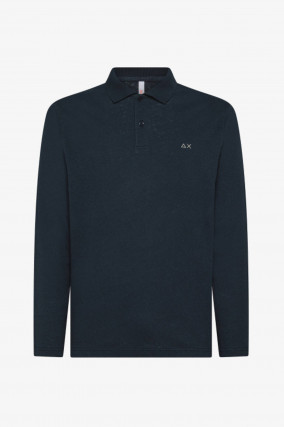 Langarm-Polo aus Leinen-Baumwoll-Mix in Navy